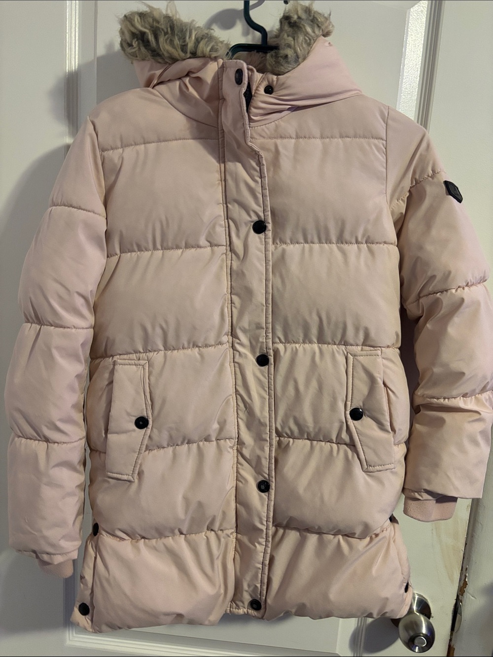 Sam Edelman Pale Pink Quilted Puffer Coat with Faux Fur Trim Hood